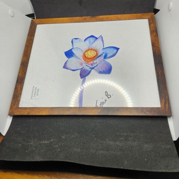 Hand Crafted Original Blue Floral Art   Framed Colored Pencil Drawing 12x10 - Picture 5 of 9